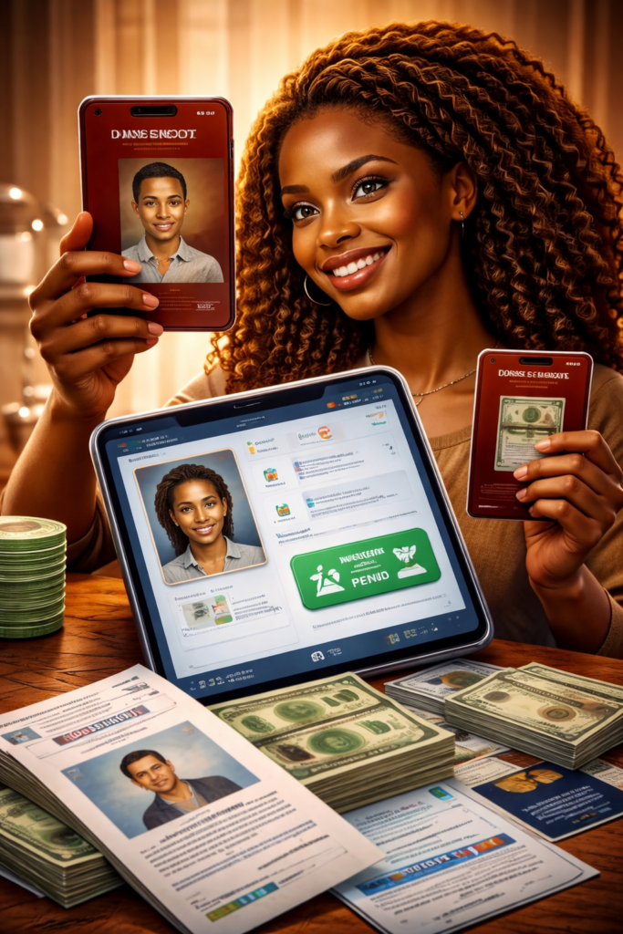 African woman completing KYC verification with passport and smartphone during an online casino withdrawal, representing Pin-Up identity checks and AML compliance.