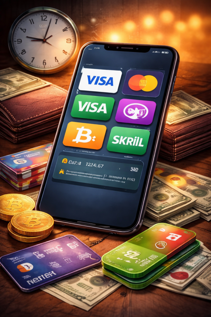 Smartphone showing multiple payout methods (cards, e-wallets, crypto) next to cash and a clock, symbolizing Pin-Up withdrawal options, limits and processing time.